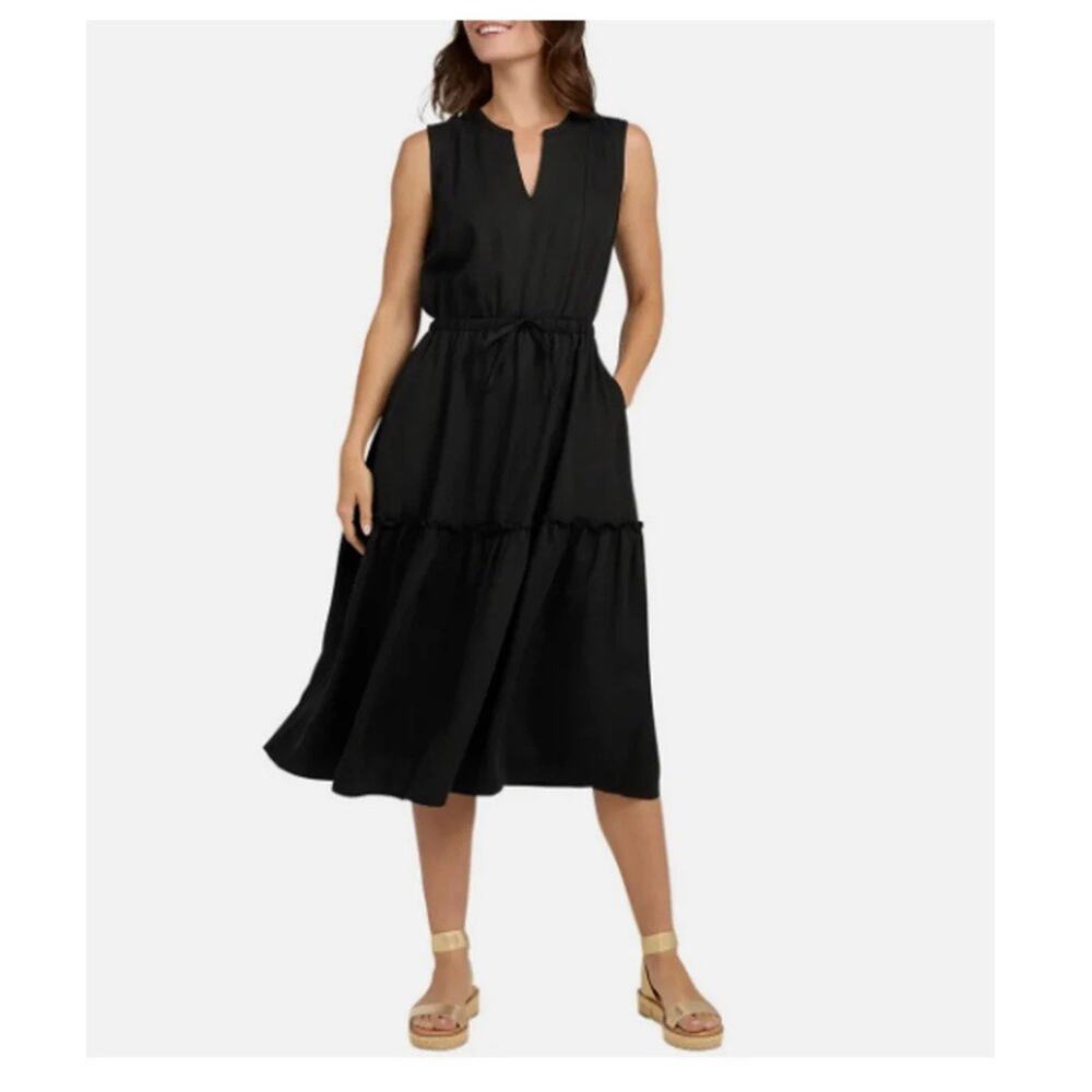 Lands' End Women's Lyocell Tiered Midi Dress, Black, Size M NWT